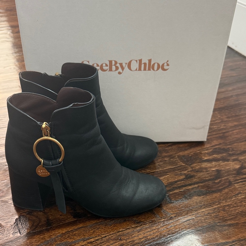 See By Chloé Black Leather Ankle Boots with Gold Ring Zip Pull